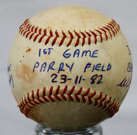 Game ball from first game played at Parry Field baseball stadium
