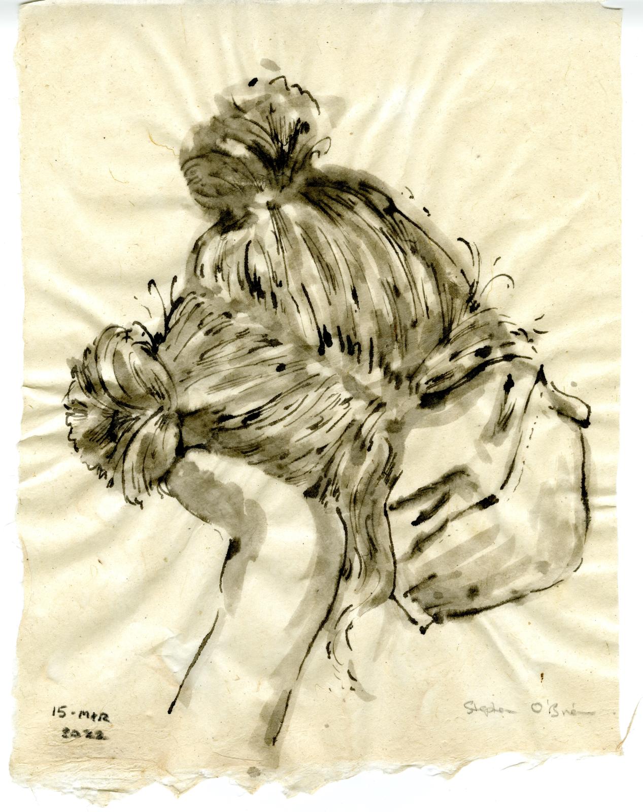 ink portrait of a female head with hair tied up into two small buns on top of head. The subject is resting their head on their right hand and are wearing a mask