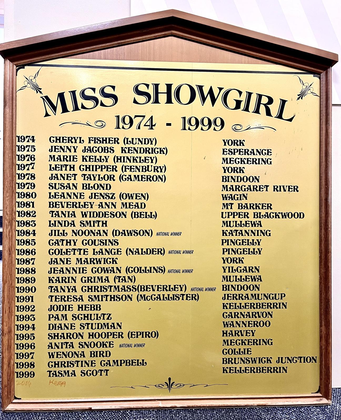 Miss Showgirl Honour Board