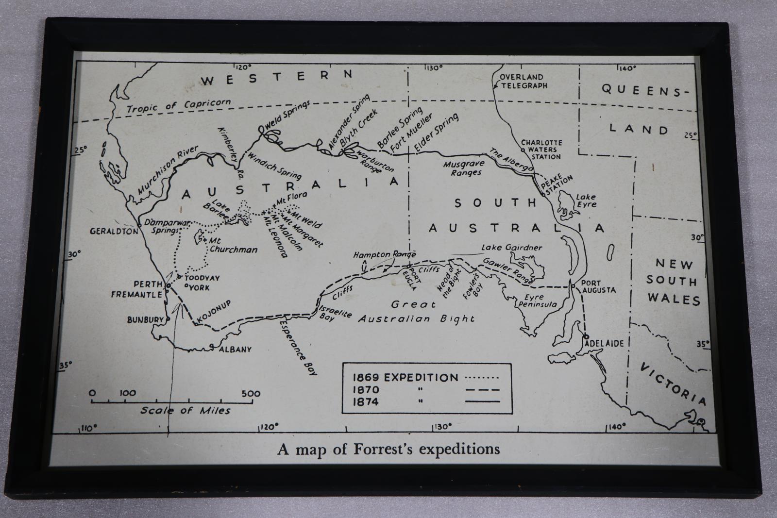 Map of Australia depicting majority of west and south. Titled 'A map of Forrest's expeditions', it is printed with black ink on a white background. States and key locations are labelled, with lines representing the trails of John Forrest's three major expeditions.