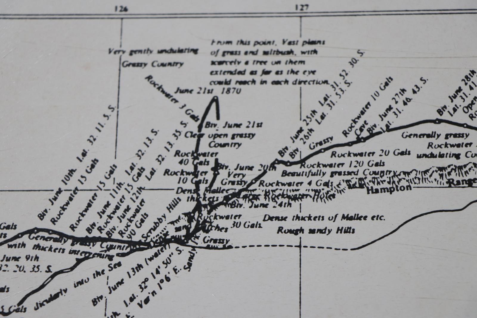 Closeup of map depicting the central portion of John Forrest's journey from Perth to Adelaide. Black ink on white background. Comments on terrain and coordinates make up most of mapping information.