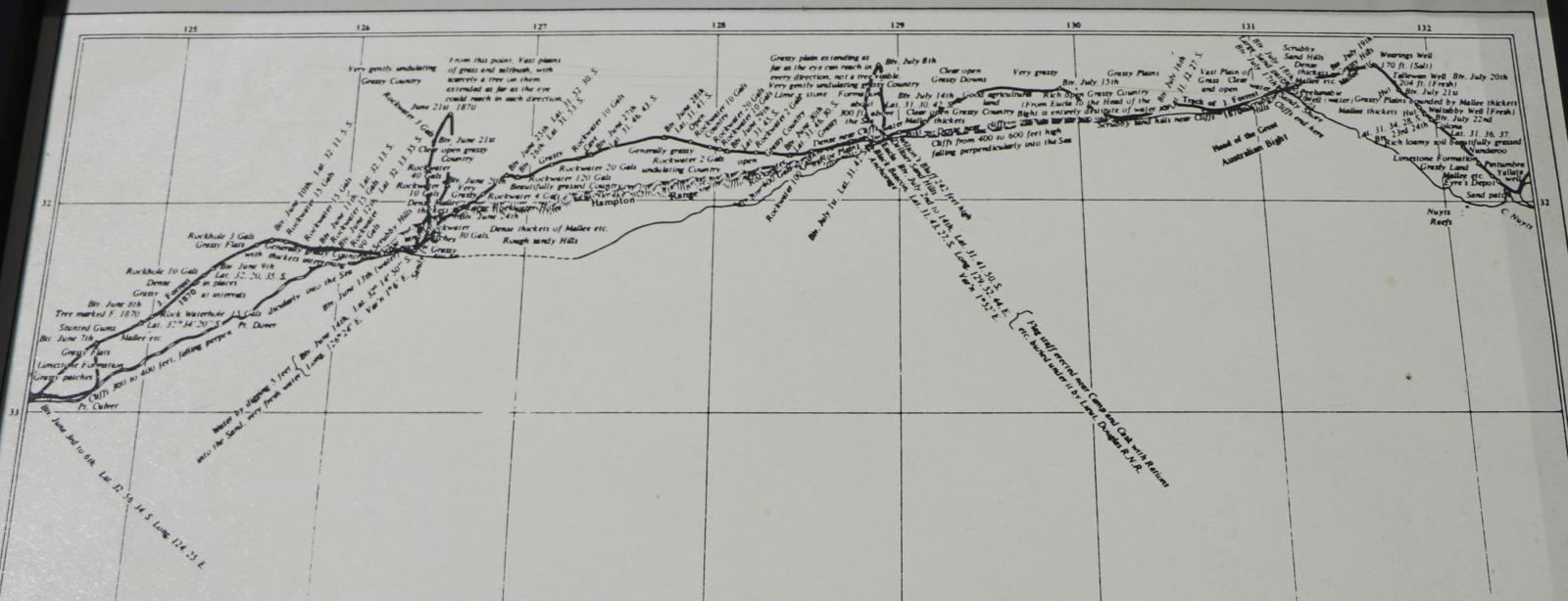 Map of southern coast of Australia, depicting part of John Forrest's journey from Perth to Adelaide. Black ink on white background. Comments and coordinates present along coastline in tiny font, crowding map.