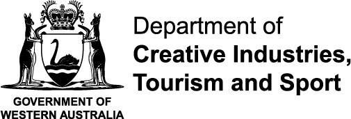 Black and white logo with text Department of Creative Industries, Tourism and Sport