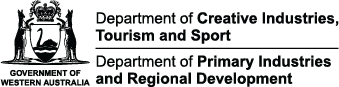 Black and white logo with text Department of Creative Industries, Tourism and Sport