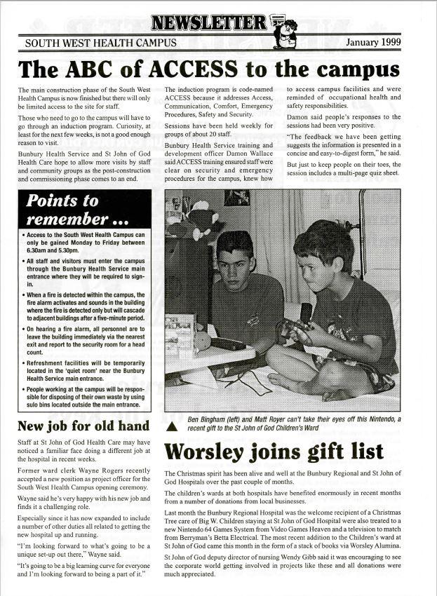 The second (and last) page of a black and white newsletter. There is a photo of two boys playing Nintendo in hospital beds.