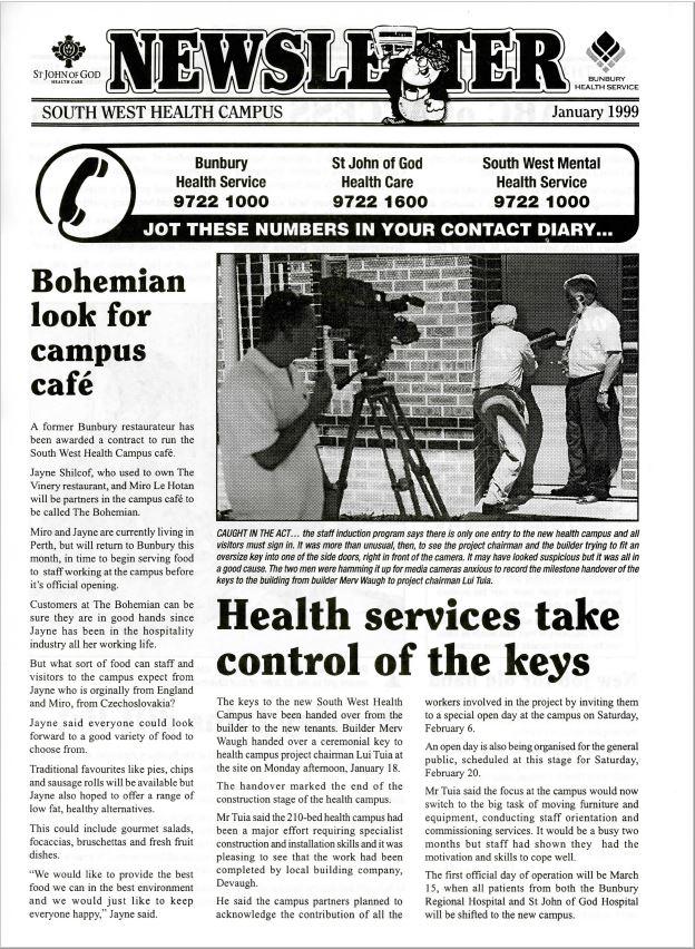 The first page of a black and white newsletter. There is a photo of three men, one behind a camera and the other two unlocking a door.