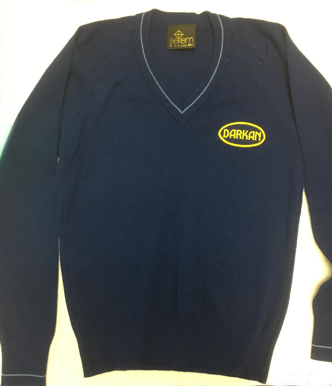 Navy blue v-necked woollen  jumper with yellow Darkan badge