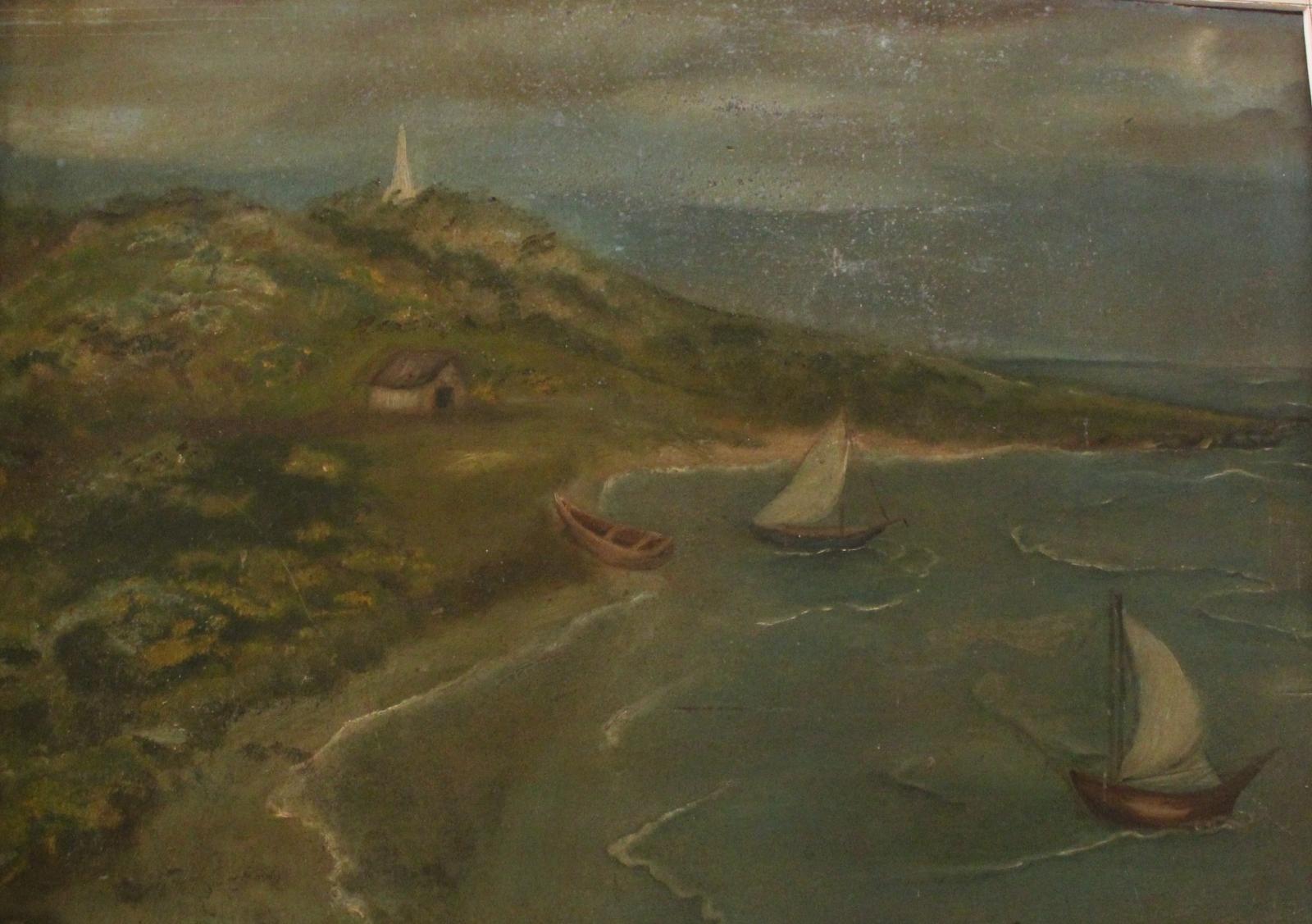 Two sail boats near shore, right, obelisk on hill in centre.