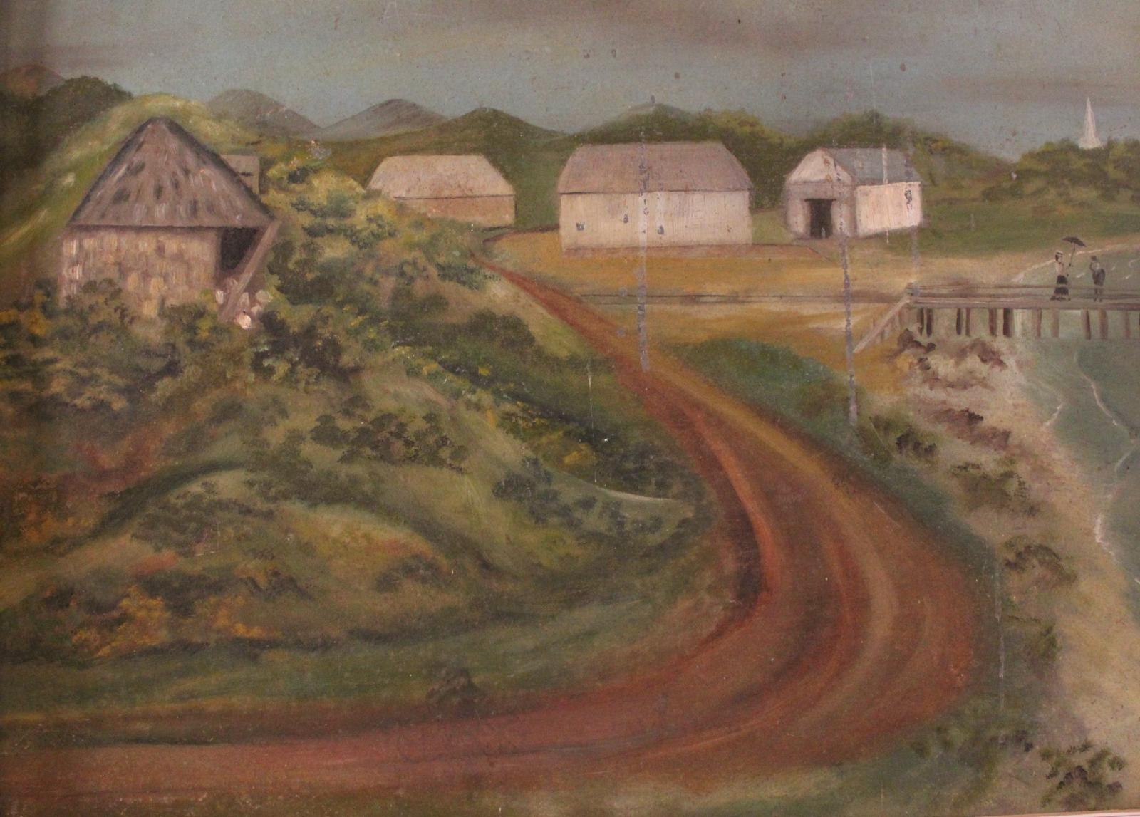 Dirt road leads past small hut to three warehouses. Woman and man on jetty, obelisk on hill (right).