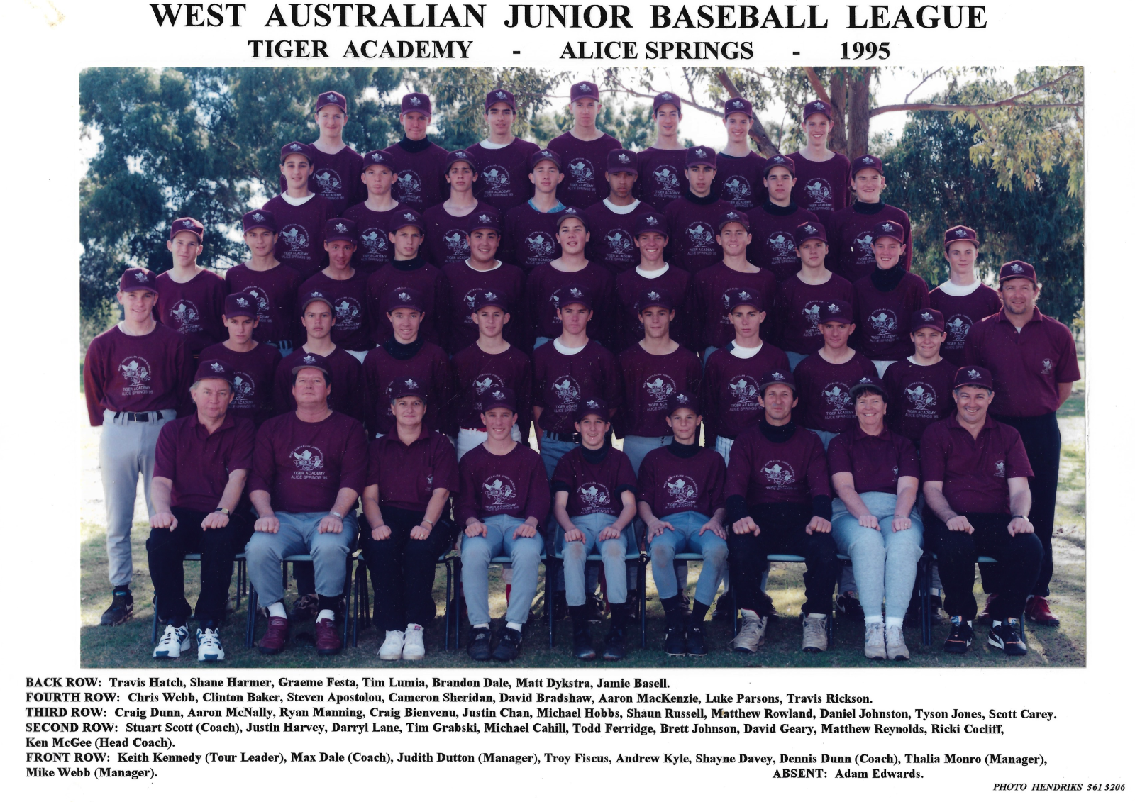 West Australian Junior Baseball League 1995 Tiger Academy team photo