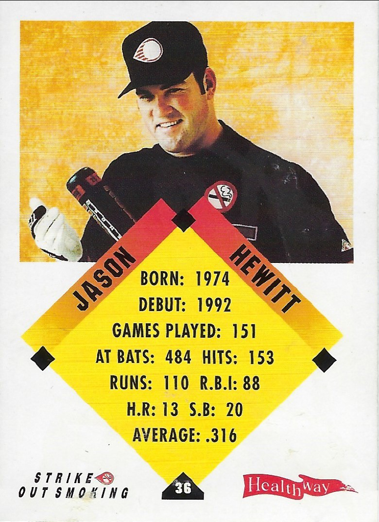 Baseball player collector's card - Jason Hewitt - Back