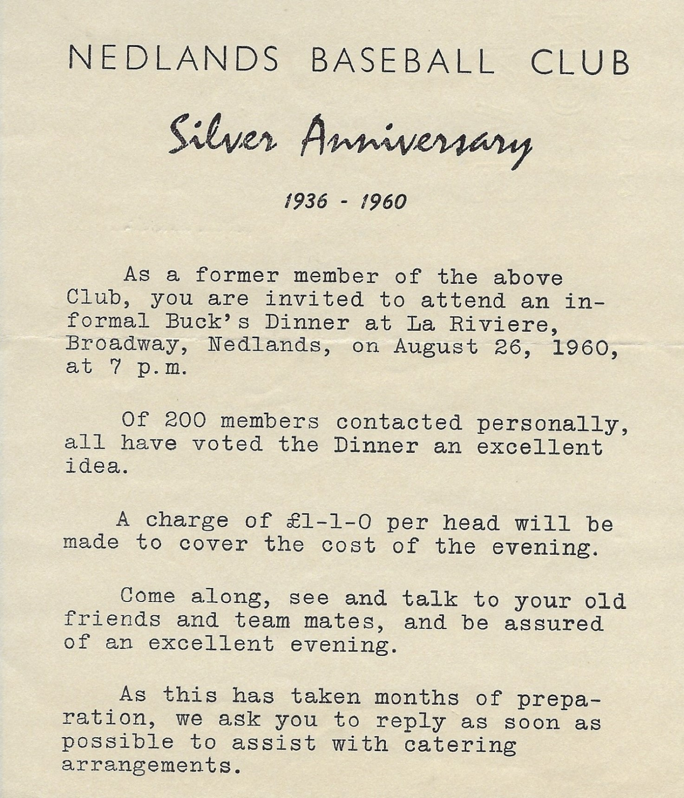 Nedlands Baseball Club Silver Anniversary Invitation 1936-1960