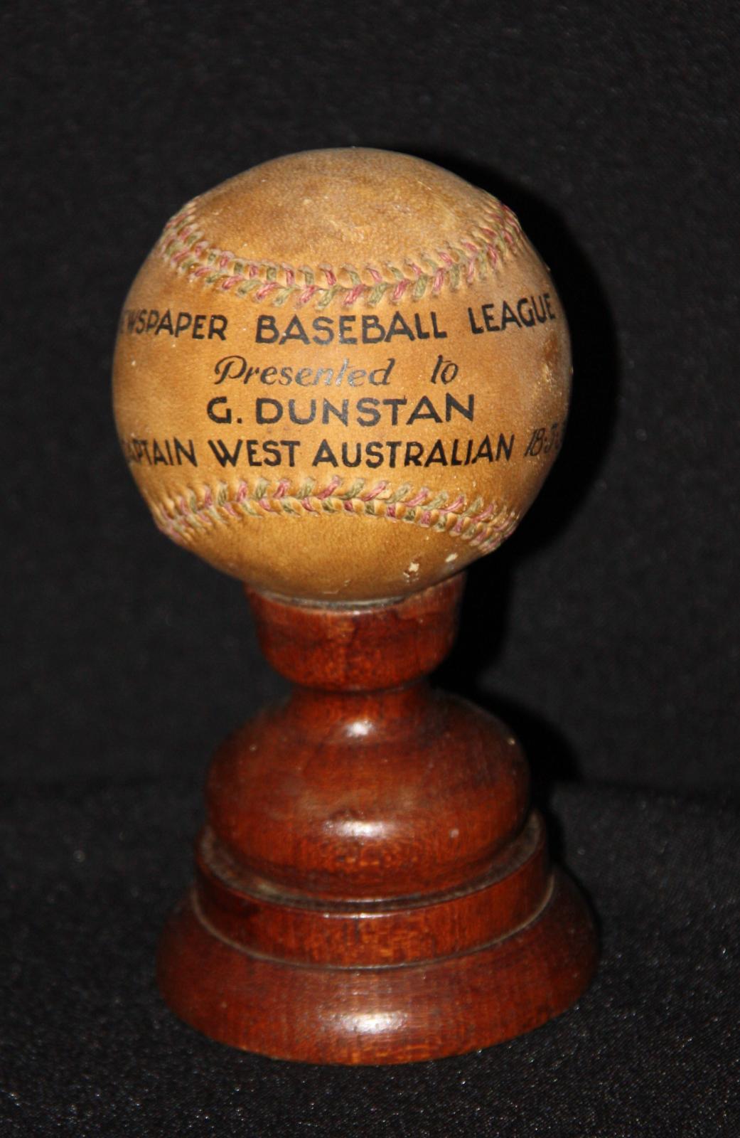 Baseball presented to Glen Dunstan, captain of 'The West Australian' team