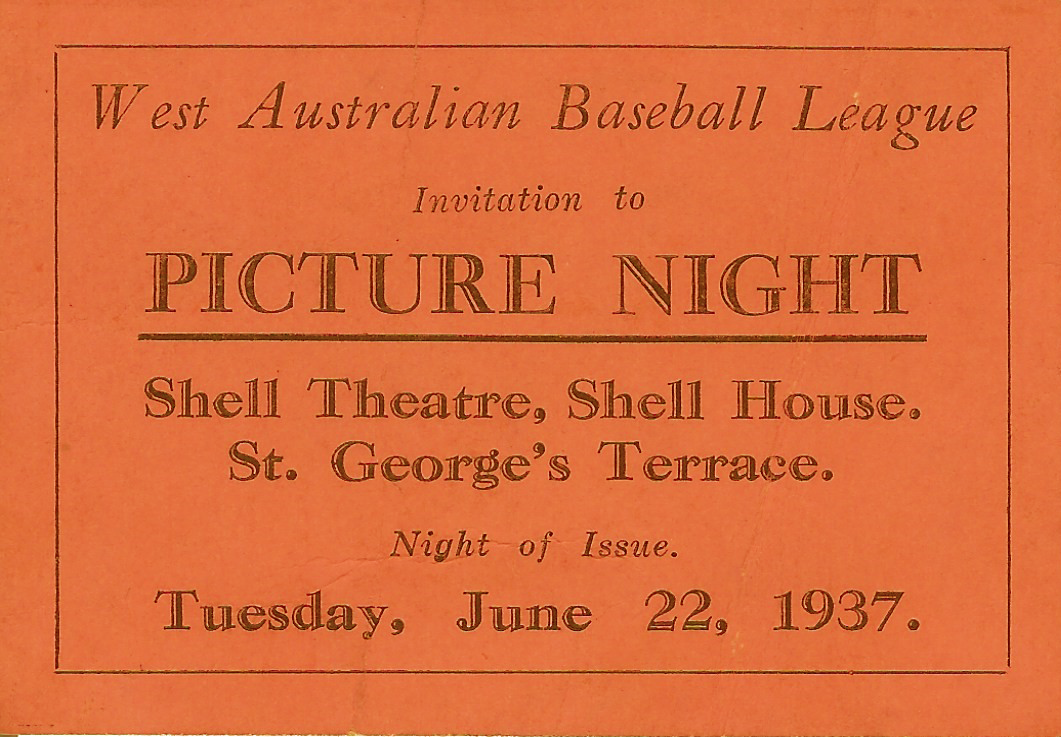 1937 West Australian Baseball League's invitation ticket to a picture night