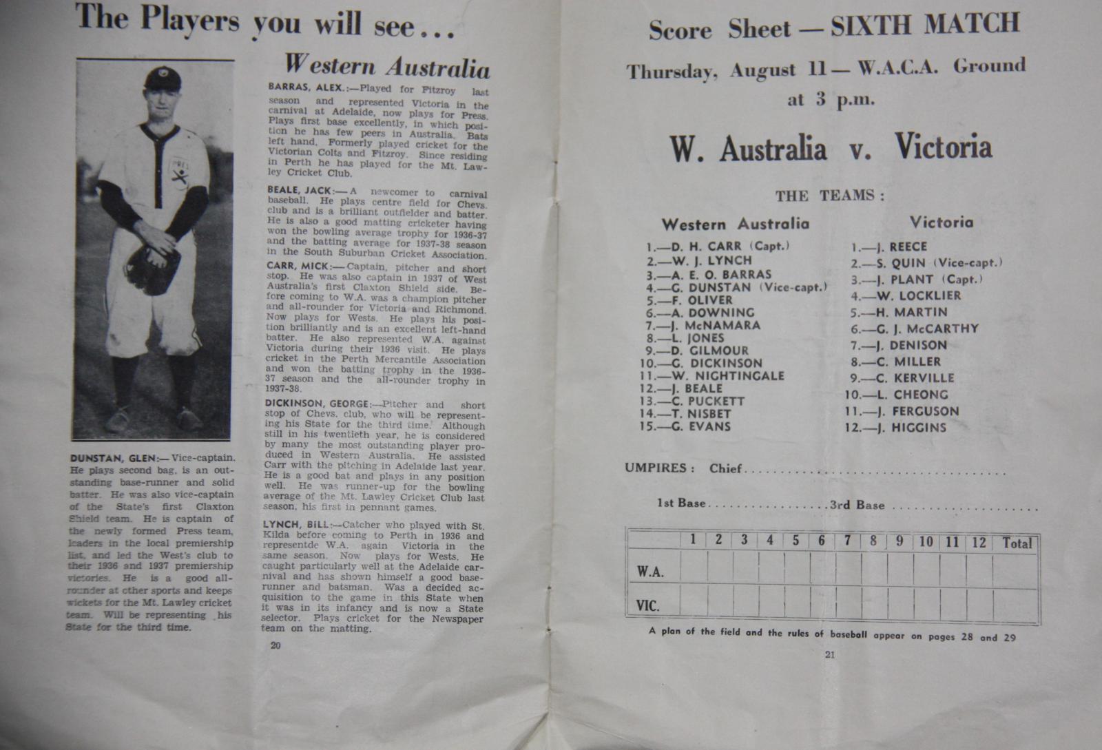 1938 Australian Baseball Carnival Souvenir Programme - WA Team
