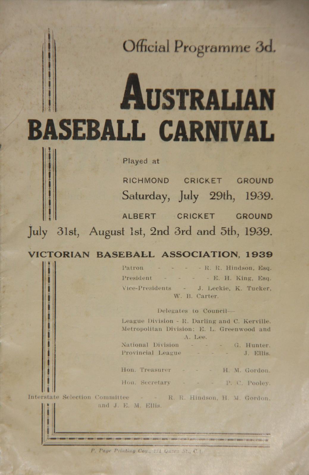 1939 Australian Baseball Carnival Official Programme - Front