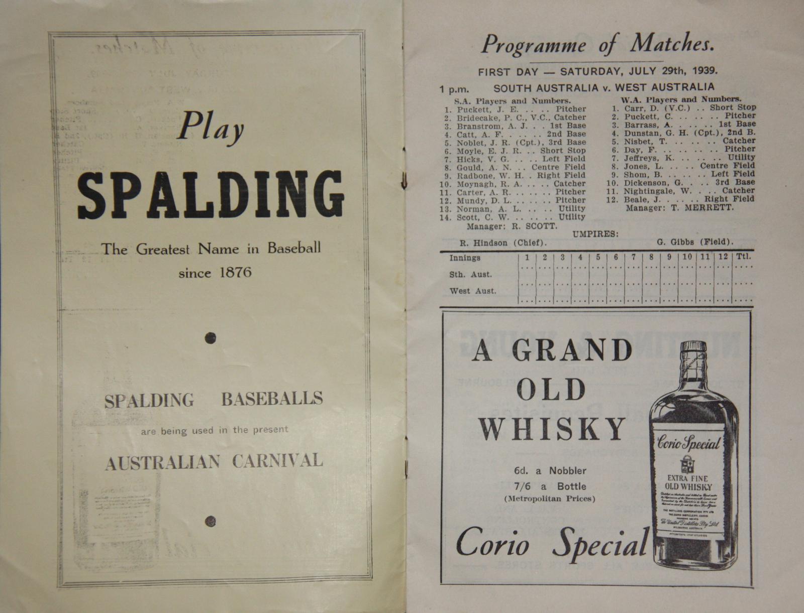 1939 Australian Baseball Carnival Official Programme - WA Team