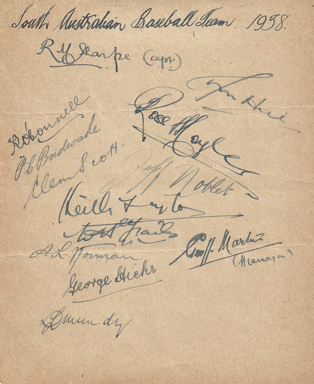 Autographs of the 1938 South Australian Claxton Shield team