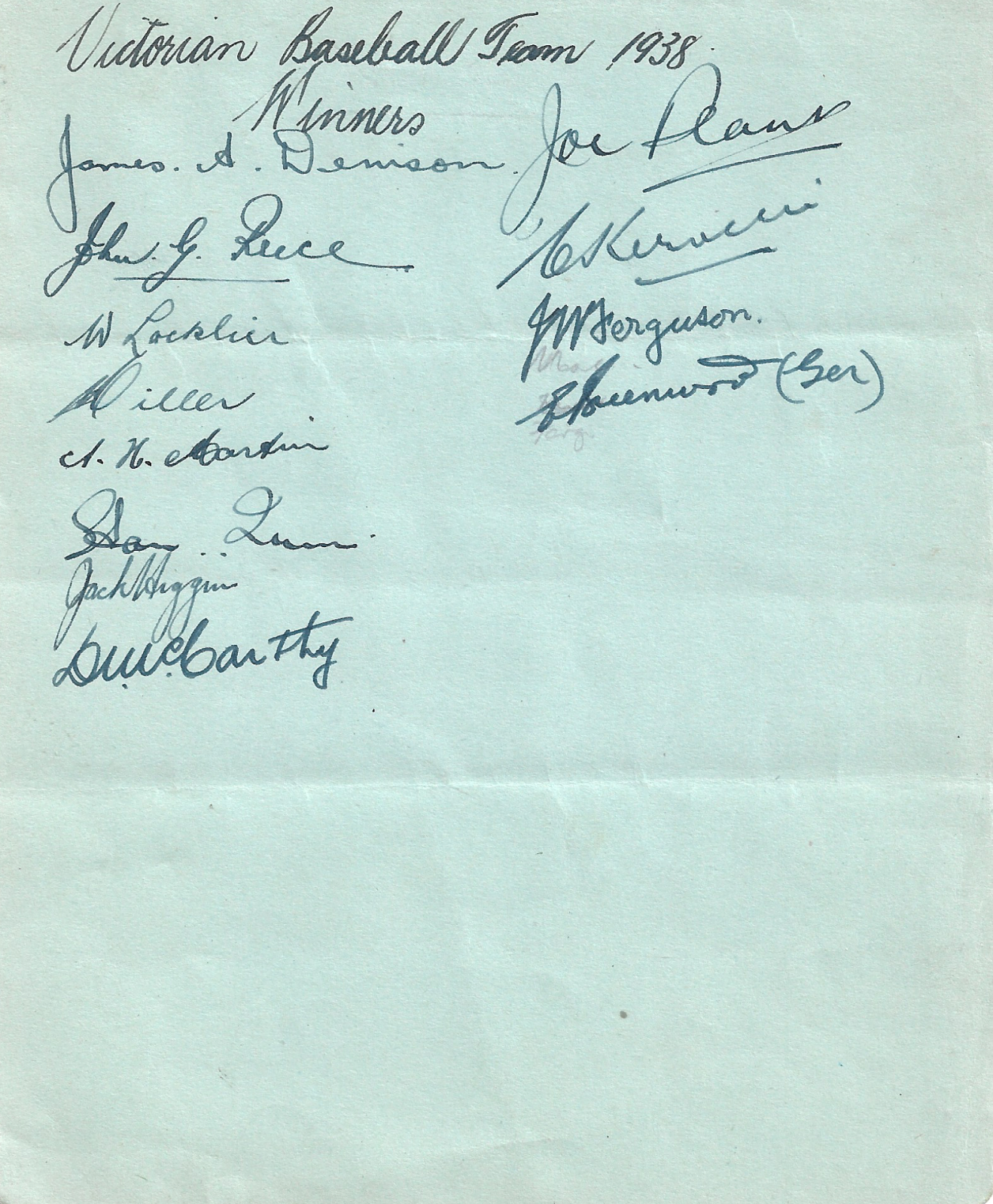 Autographs of the 1938 Victorian Claxton Shield team