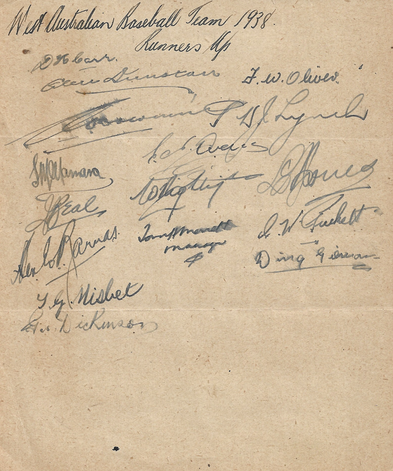 Autographs of the 1938 Western Australian Claxton Shield team