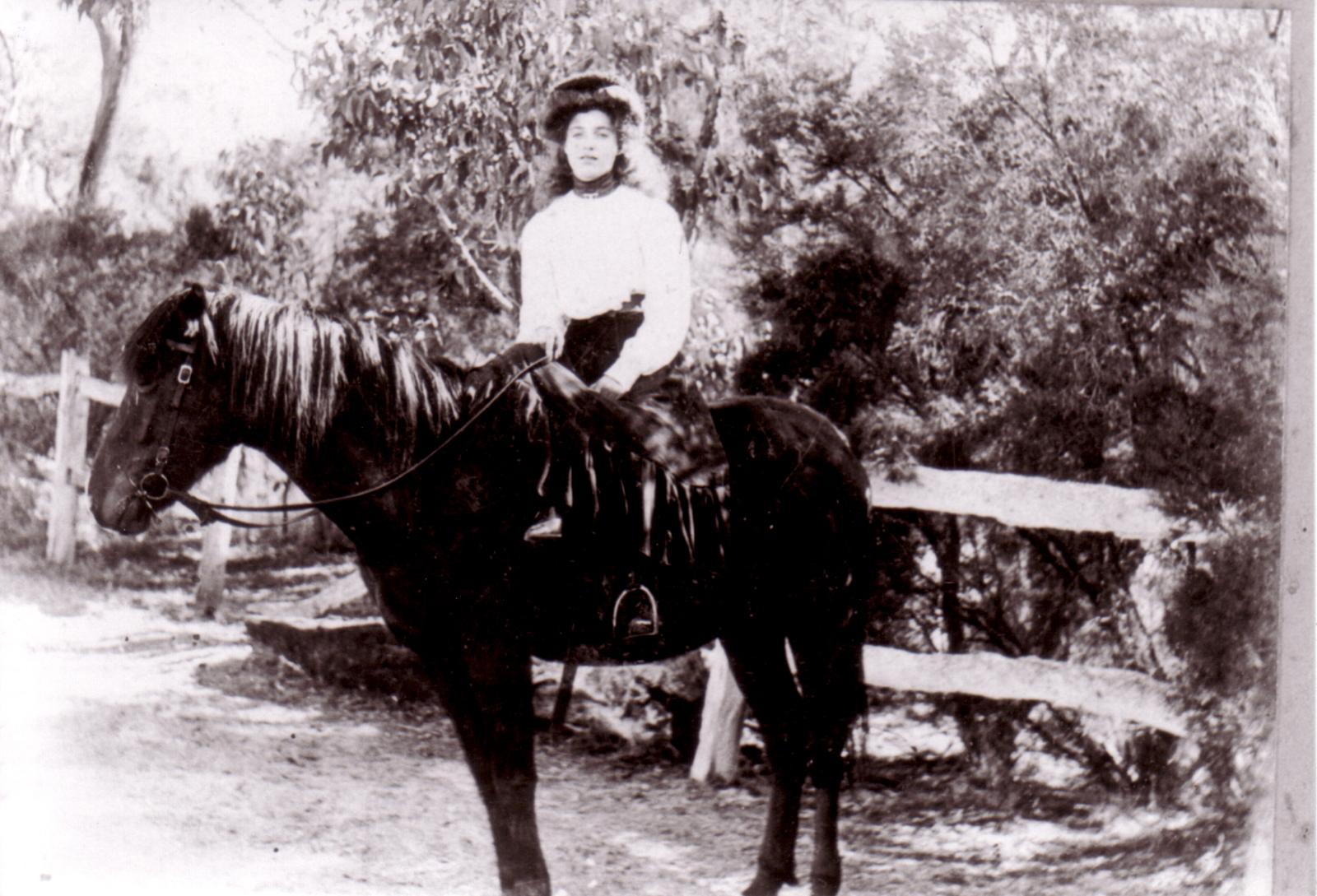 Doris Wilkinson (nee Baker) Sitting On Horse.  Doris grew up on the Gordon River, and married Walter Wilkinson, and lived at " Valemarie", Valemarie Road, Cranbrook.