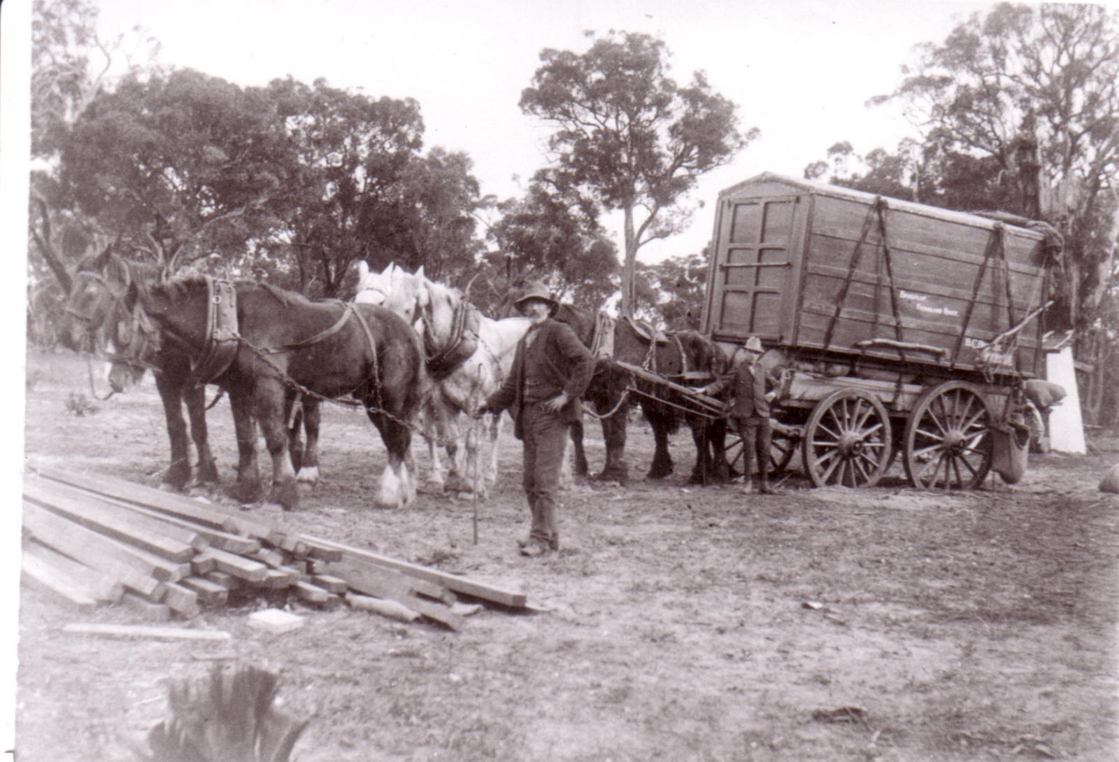 Tom Parsons & Son Claude, standing near wagon called "Bangalup"