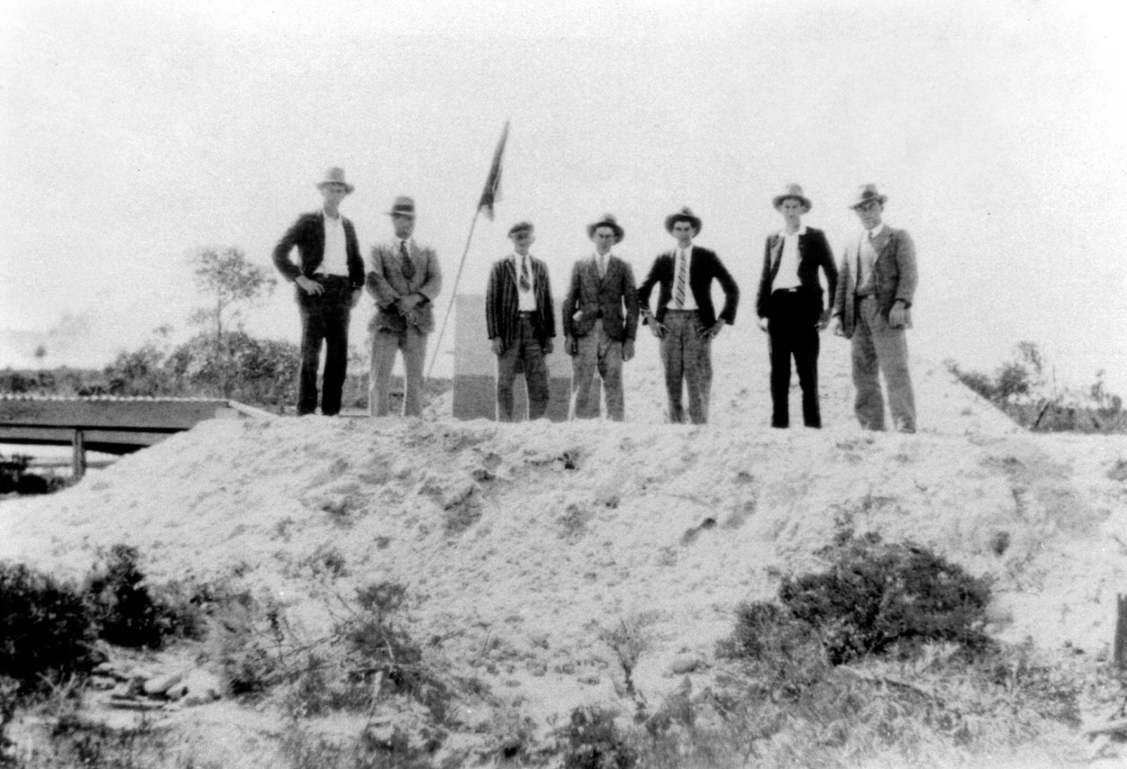 Cranbrook Rifle Range  R-L: Arthur John, Ted Cuss, Keith Norrish, Claude Weller, John Pope, George John, Unknown.