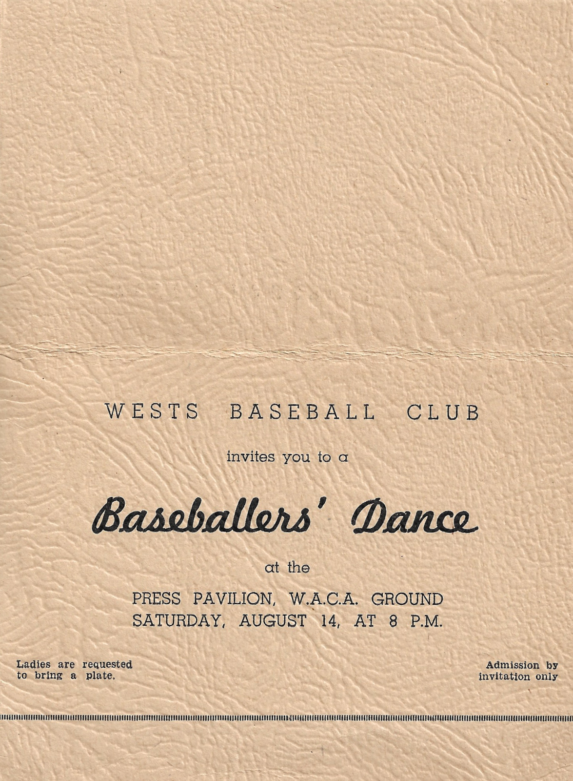 1948 Wests Baseball Club Baseballers' Dance invitation (inside)