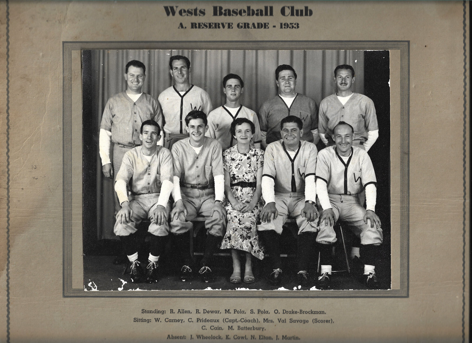 Wests Baseball Club 'A' Reserve Grade - 1953 photograph