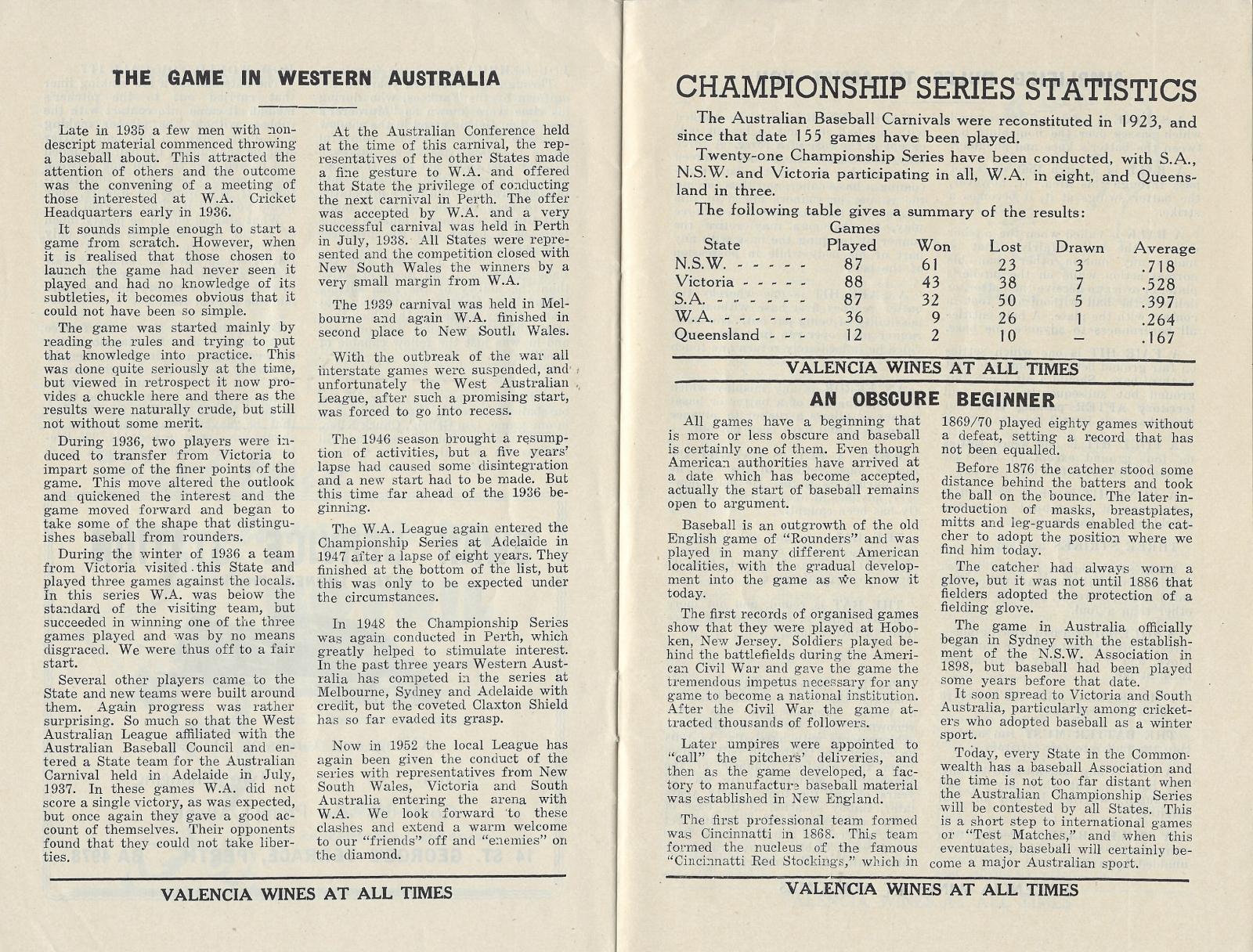 2020.108 1952 Australian Baseball Championship Series programme (WA game history)