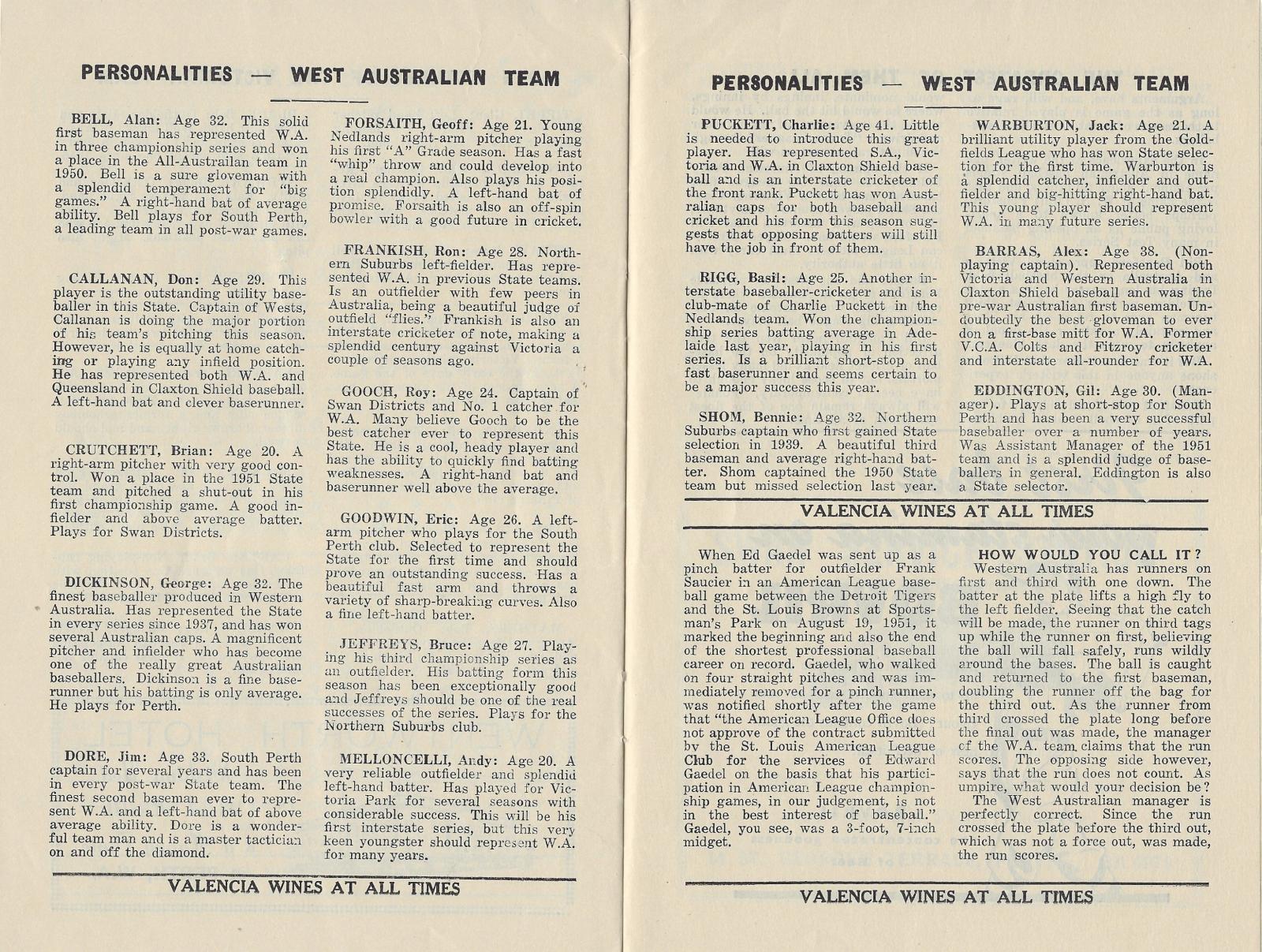 1952 Australian Baseball Championship Series programme (player profiles)