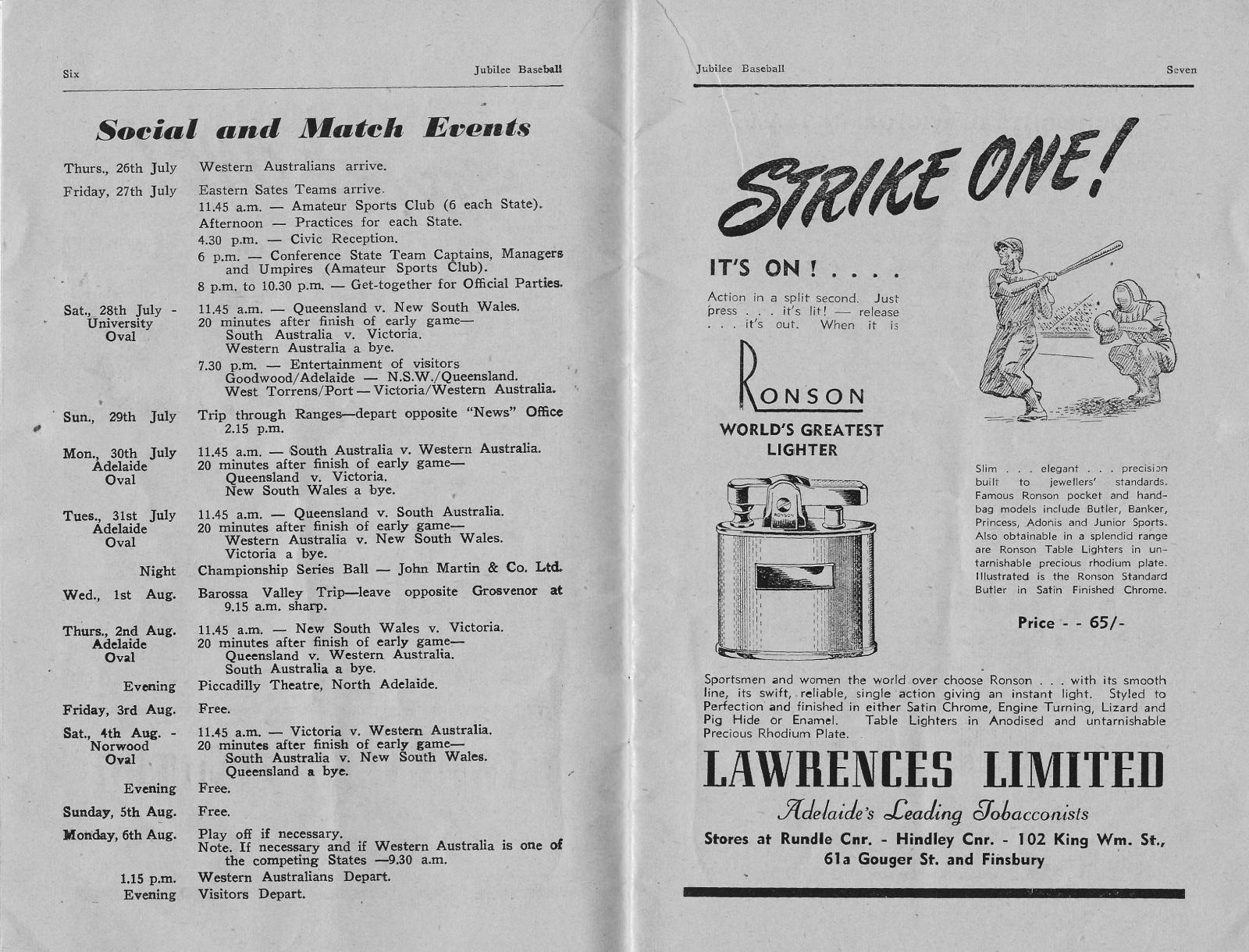 1951 Commonwealth Jubilee Baseball Championship Series programme (social & match events)