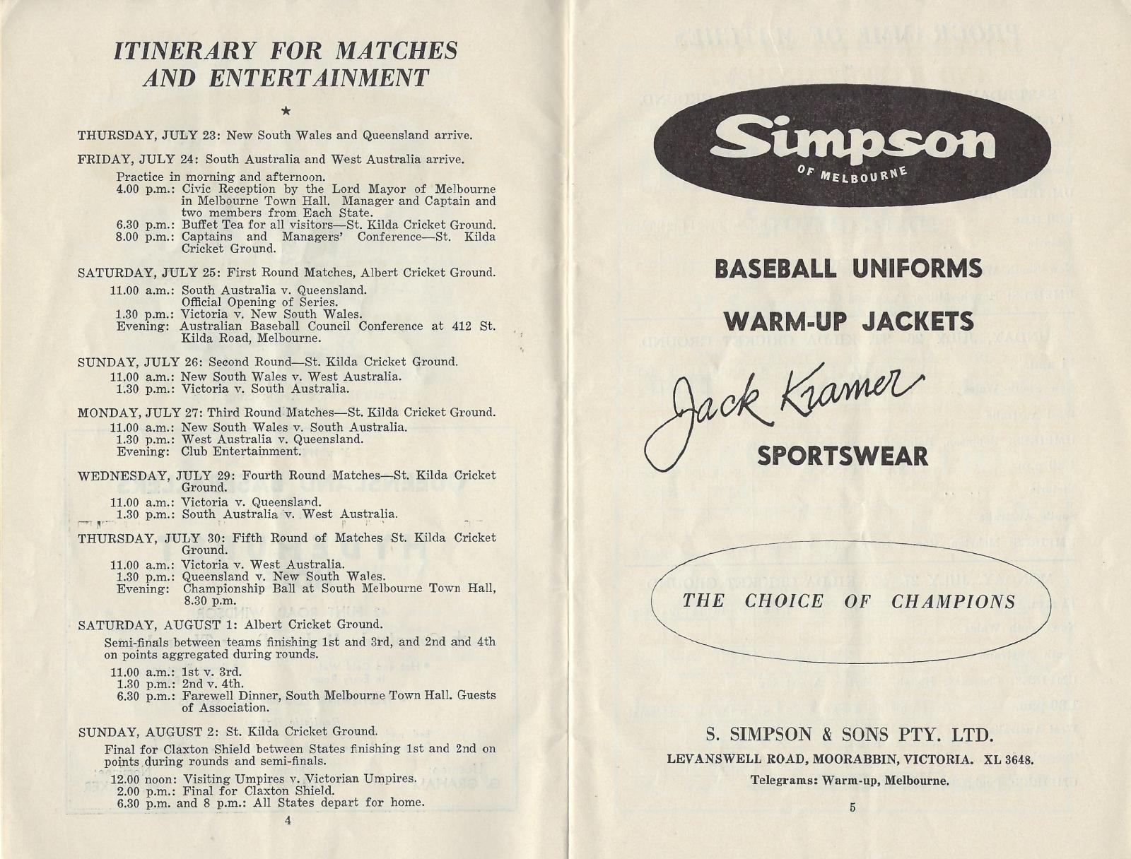 1959 Australian Baseball Championship Series program (itinerary)