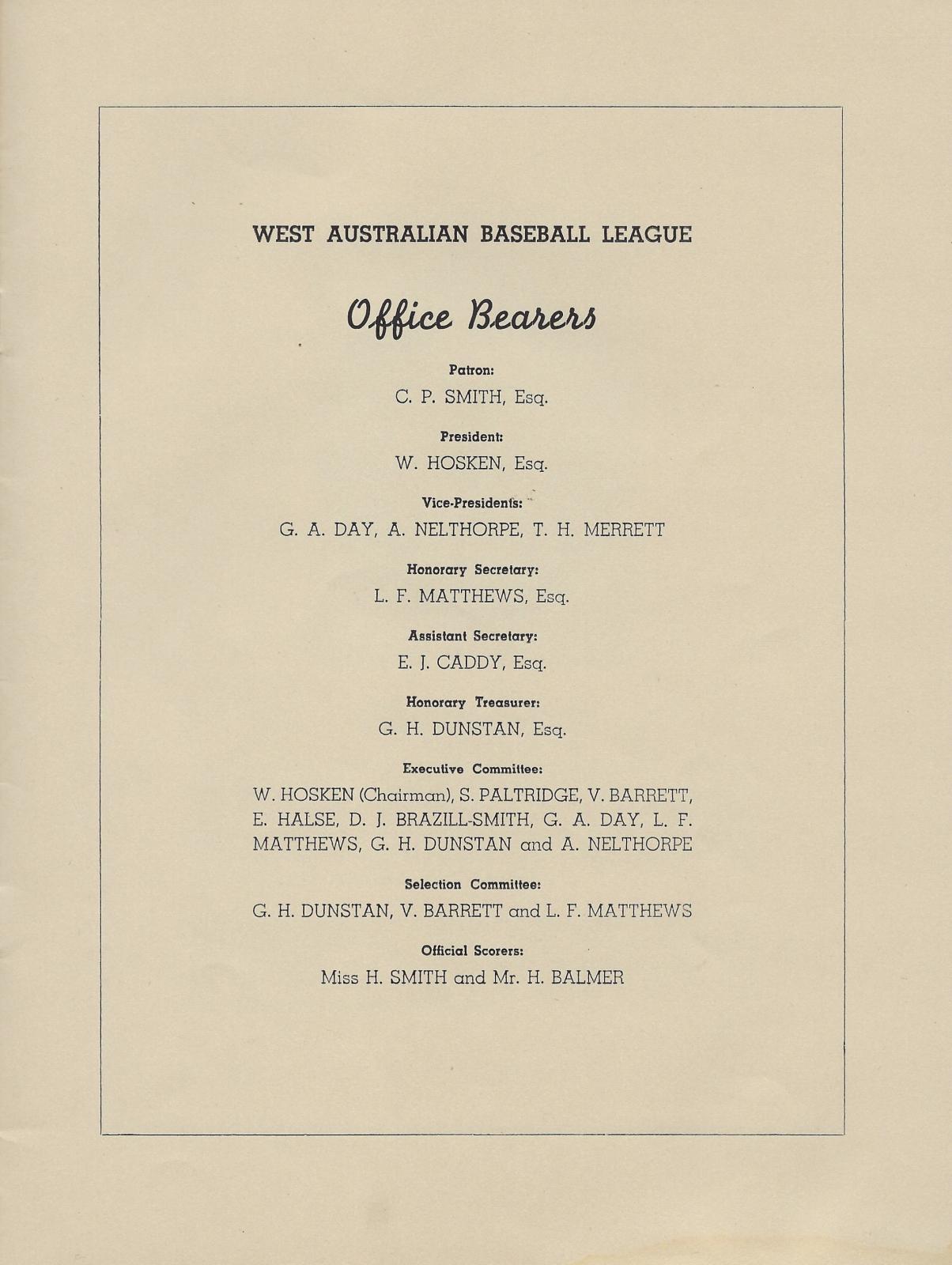 1948 Australian Baseball Championship Series programme (WABL office bearers)