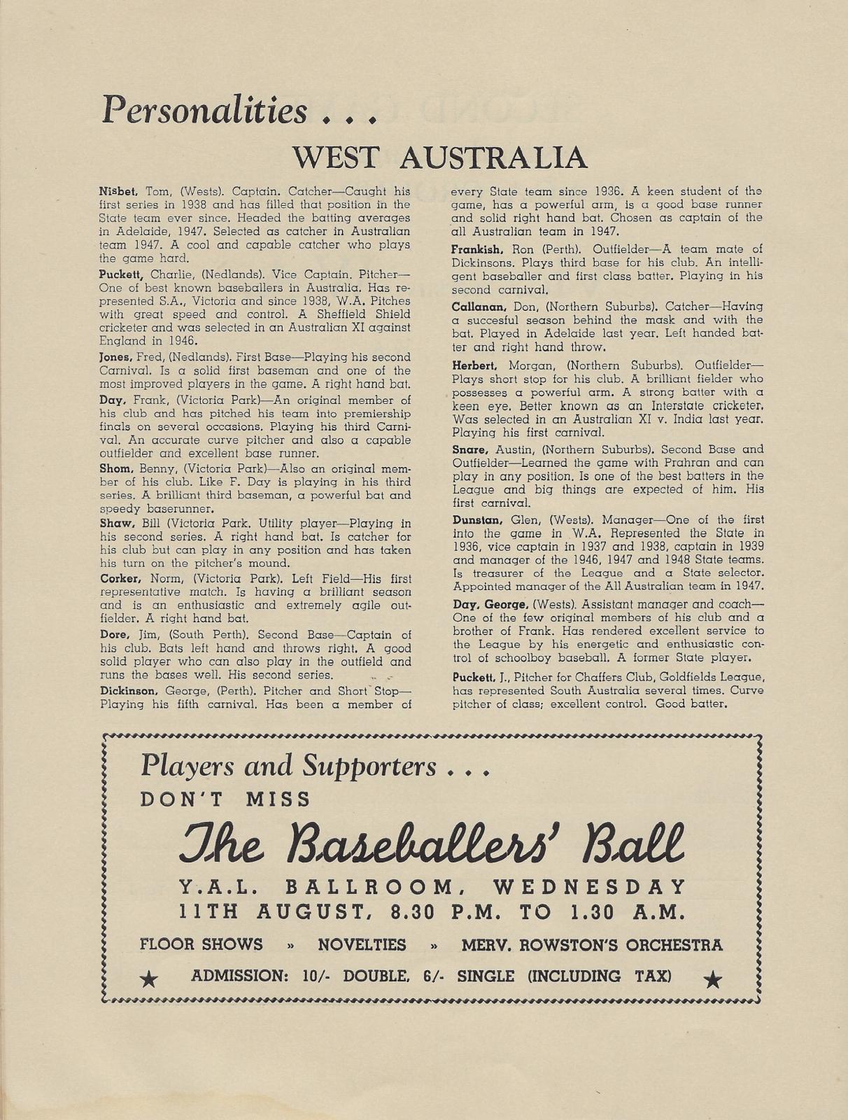 1948 Australian Baseball Championship Series programme (player profiles)