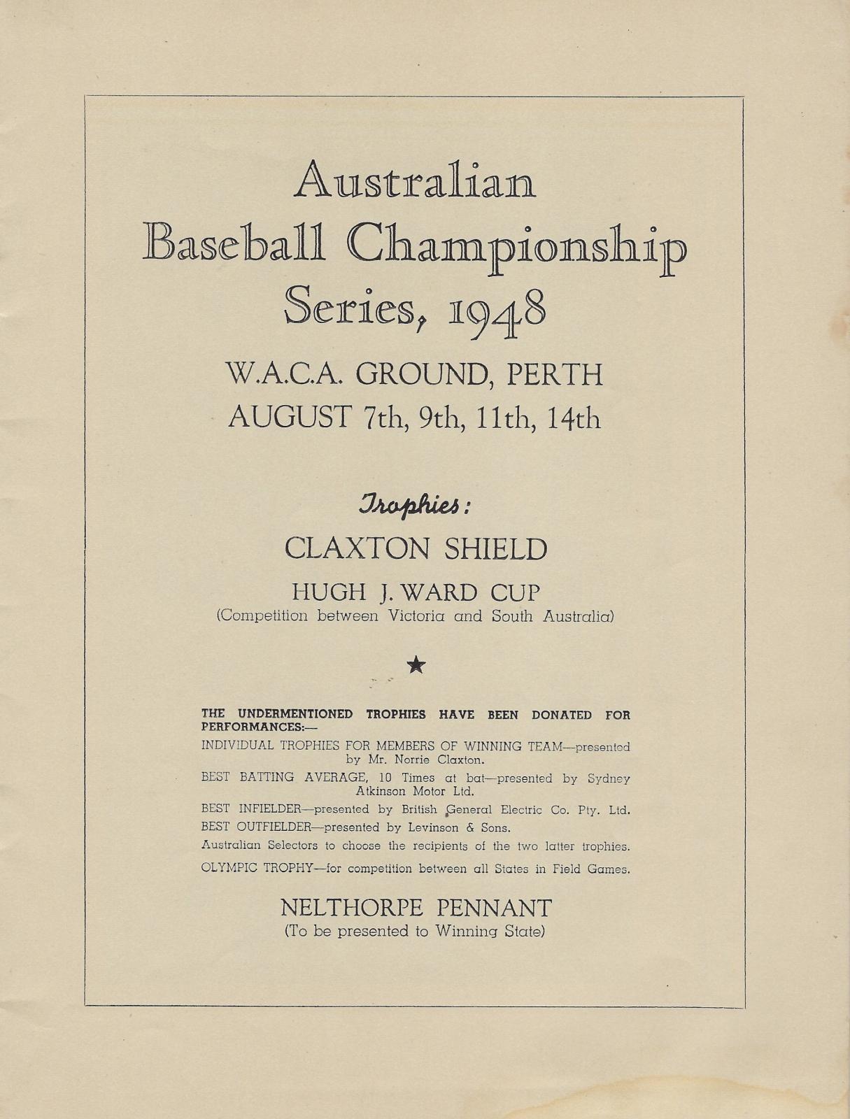 1948 Australian Baseball Championship Series programme (trophies)