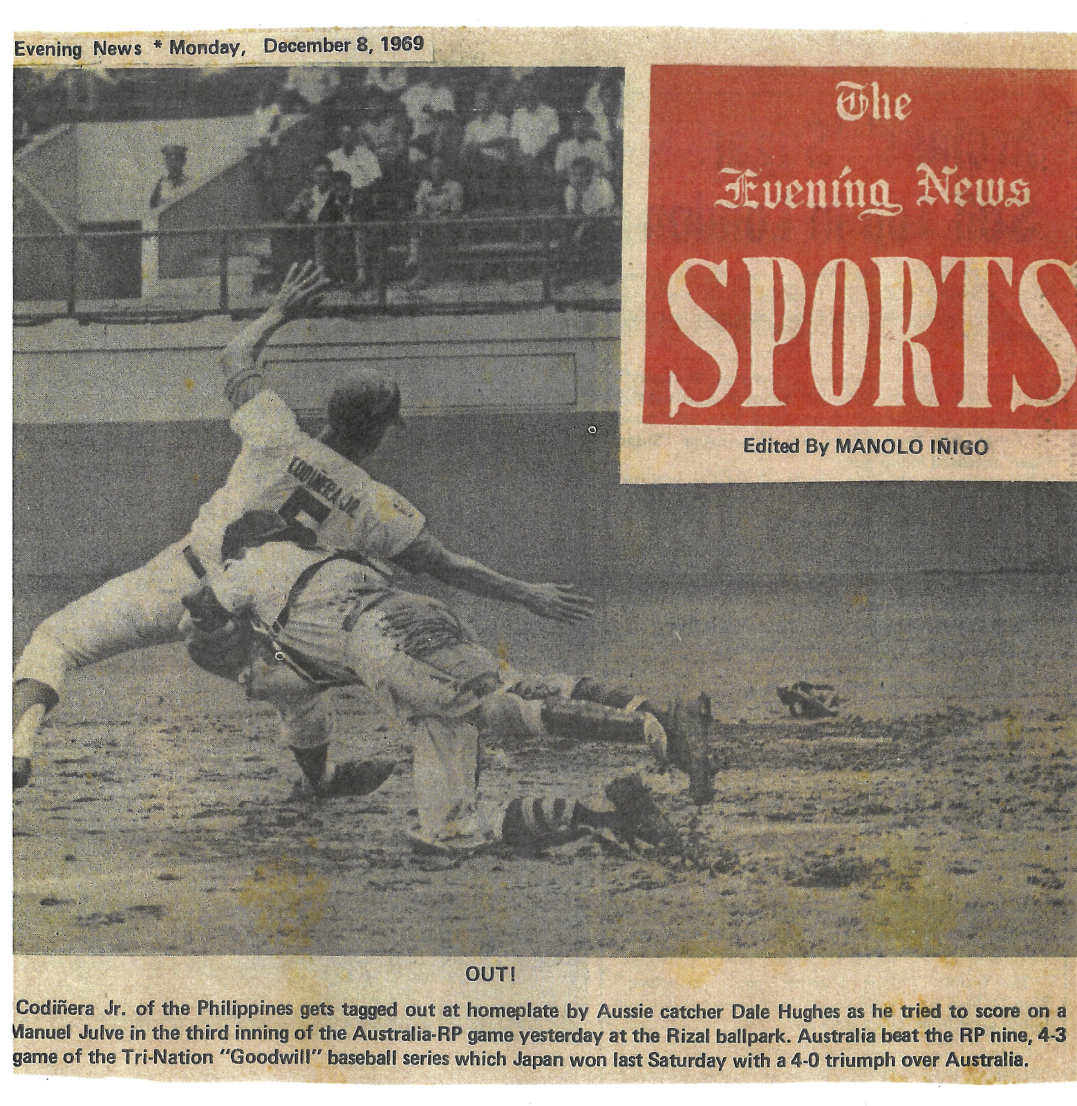 1969 newspaper article - Australian catcher Dale Hughes tags out Philippines player Codiñera Jr.