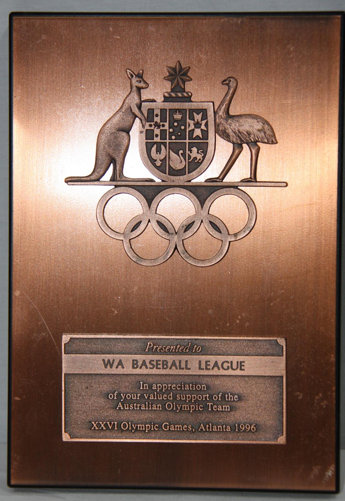 1996 Australian Olympic Committee plaque presented to WA Baseball League