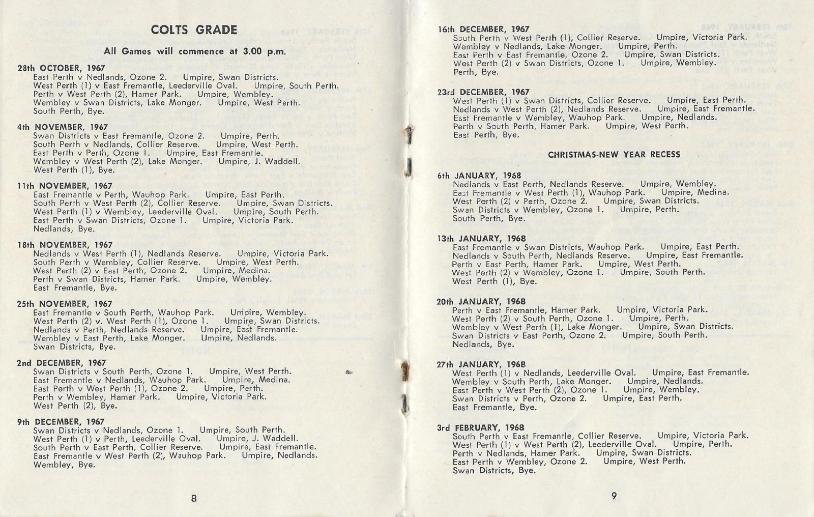 West Australian Baseball League (Inc.) and the West Australian Junior Baseball League Fixtures 1967-68 Season (inside pages)