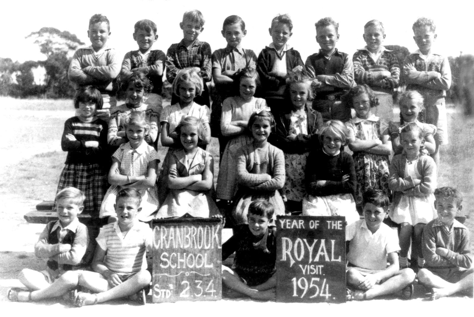 Cranbrook School 1954. STD (Grades) 2, 3, 4.  Back Row: L-R: Brian Lathwell, Bill Marshall, Edwin Herbert, Charles Jonson, Gino Garbellini, Ed Morgan, Murray Pope, Charlie Stevenson,  Middle Row: Francis Annice, Judy Gillam, Margaret Annice, Jeanette Wornum, Barbara Tysoe, Dot Ruth, Ruth McTaggart.  On Seat: Kerry Rogers, Sue Brown, Kay Mutton, Polly Stevenson, Lorraine Toovey.  Front: Neville Toovey, Norman Fitzpatrick, Jack Childs, Bob Mason, Trevor John.