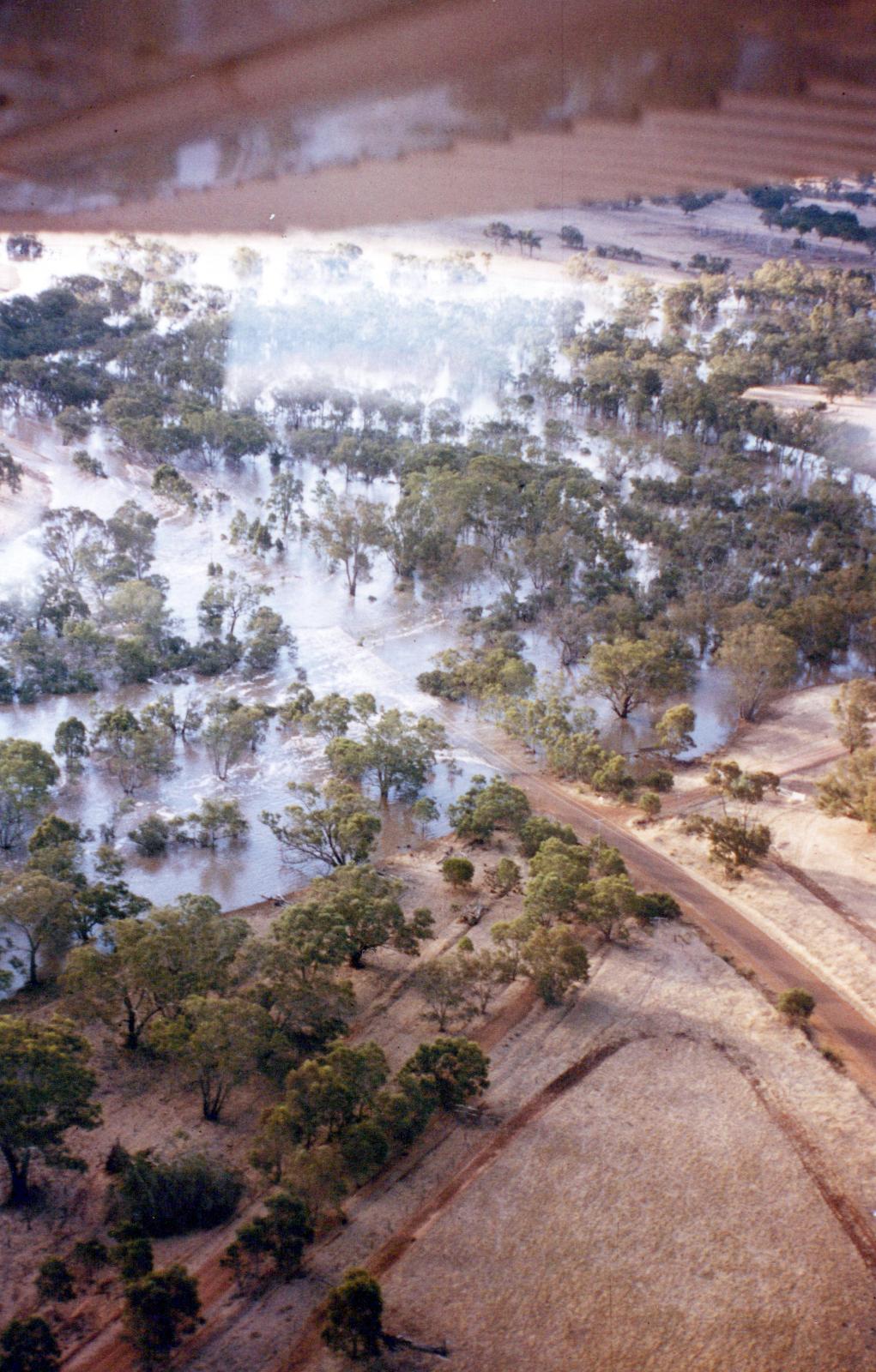 Frankland River at peak flood crossing the Frankland Kojonup submerged road bridge.