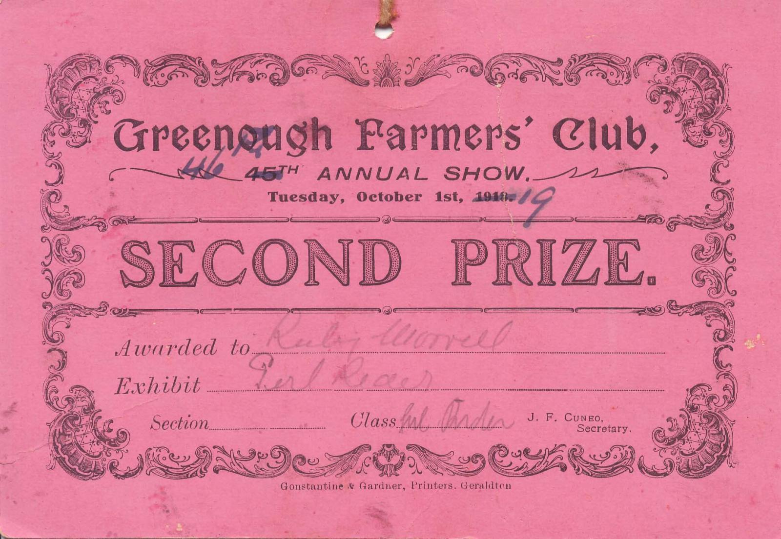 Greenough Farmer's Club Show certificate