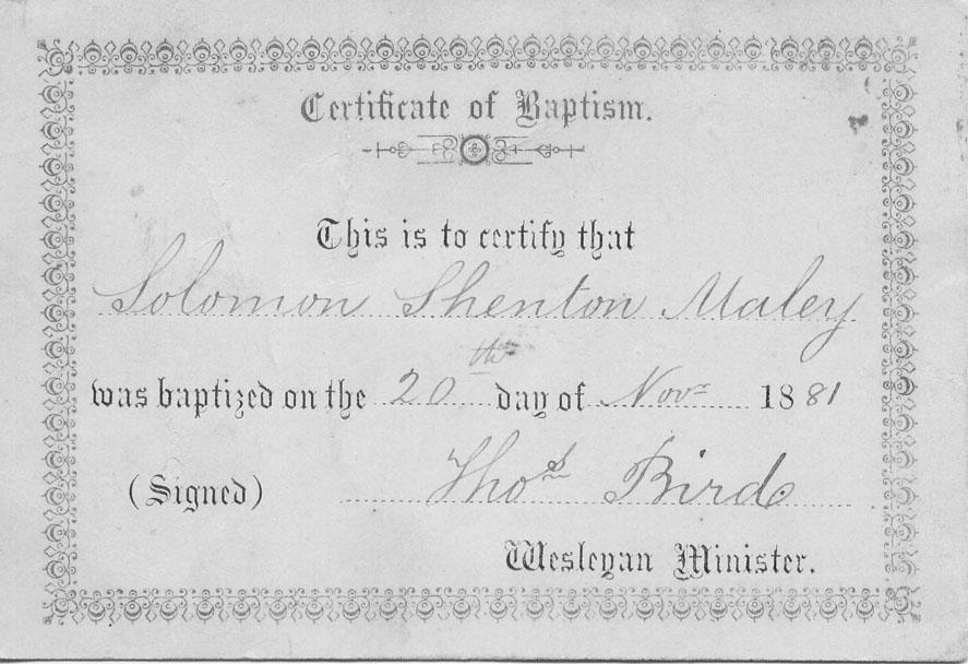 Solomon Maley's Baptismal certificate