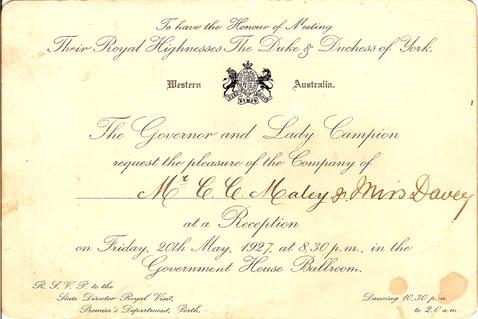 Invitation to a reception at Government House, Perth.