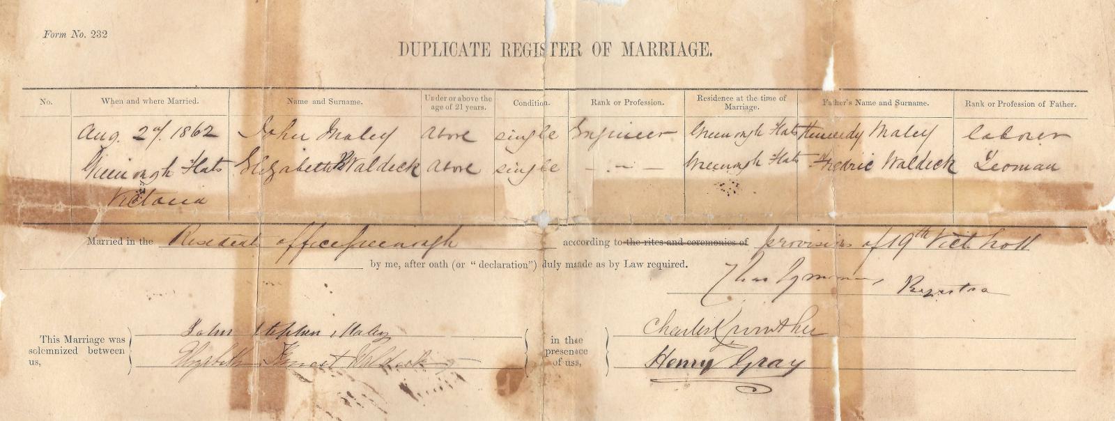 Waldeck?Maley Marriage certificate