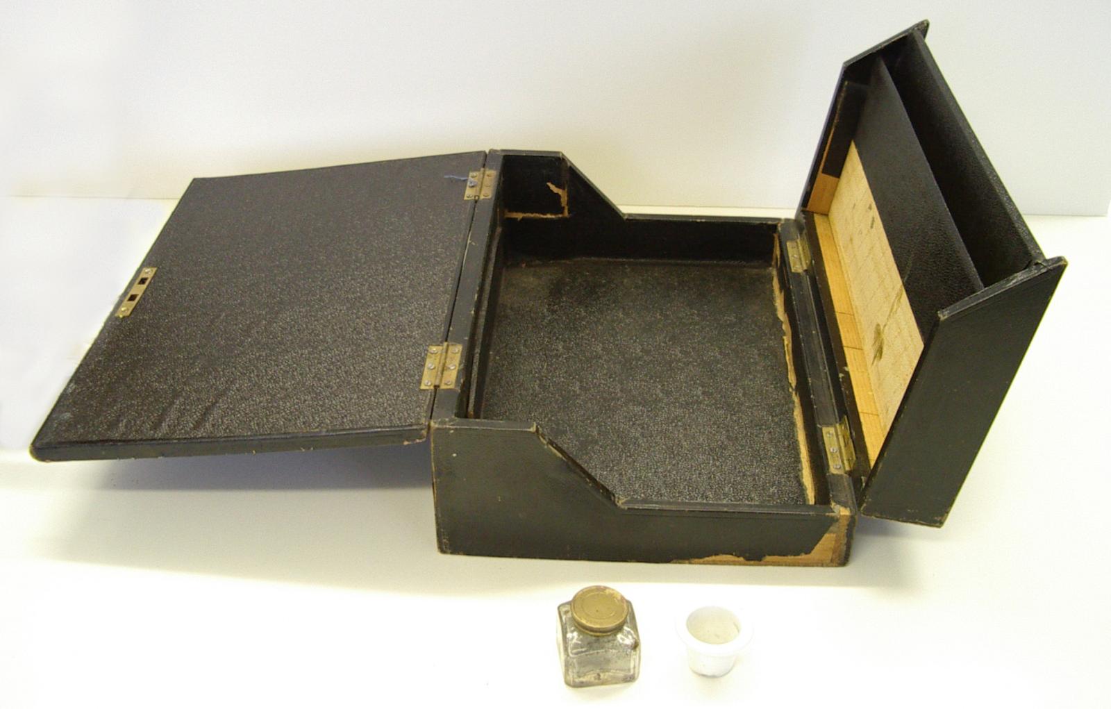 wood letter case, open with inkwells