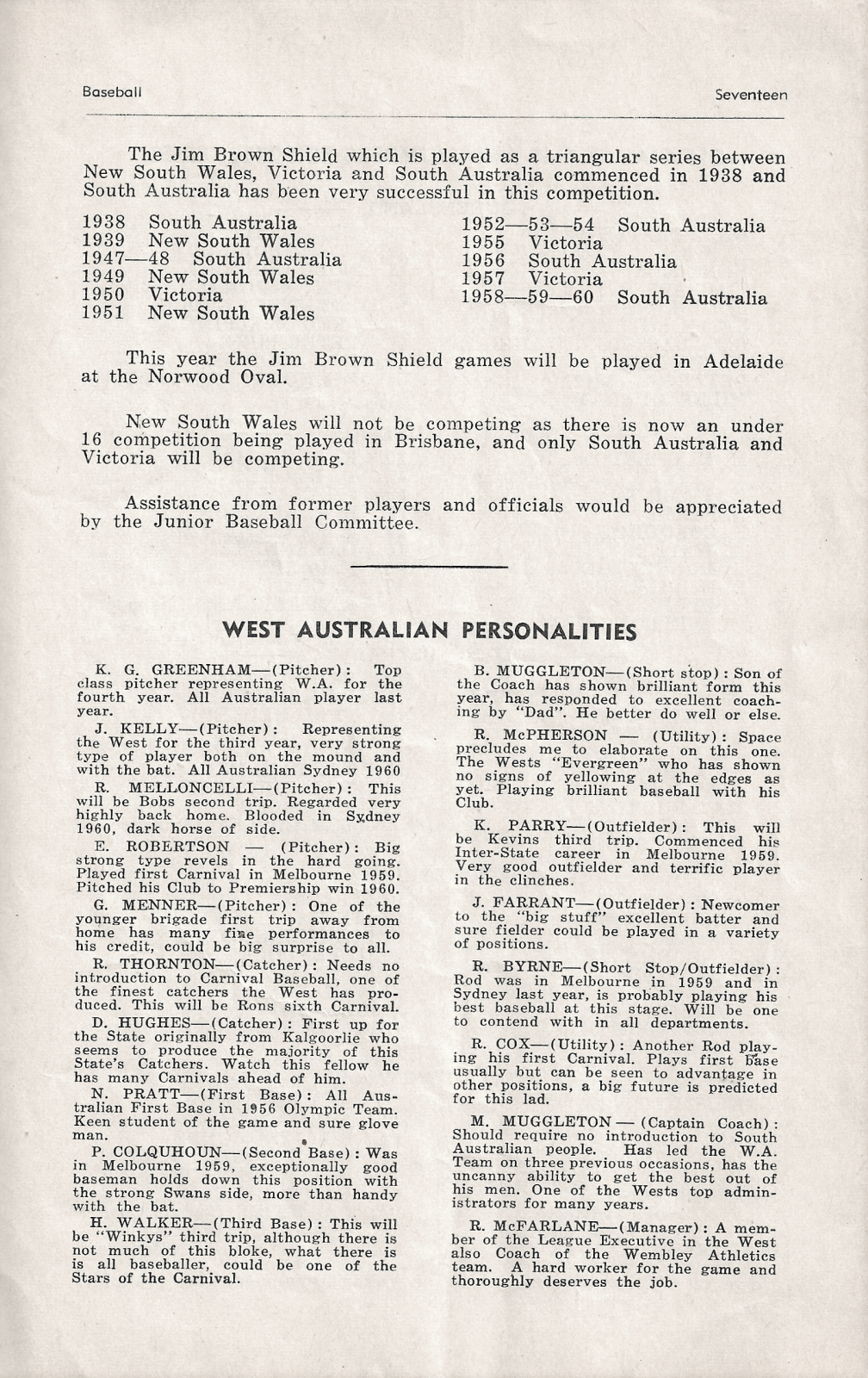 1961 Australian Baseball Championship Carnival program