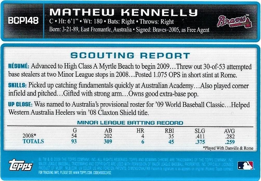 Baseball player collector's card - Mathew Kennelly (back)