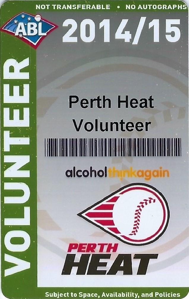 Australian Baseball League Perth Heat Volunteer card 2014/15