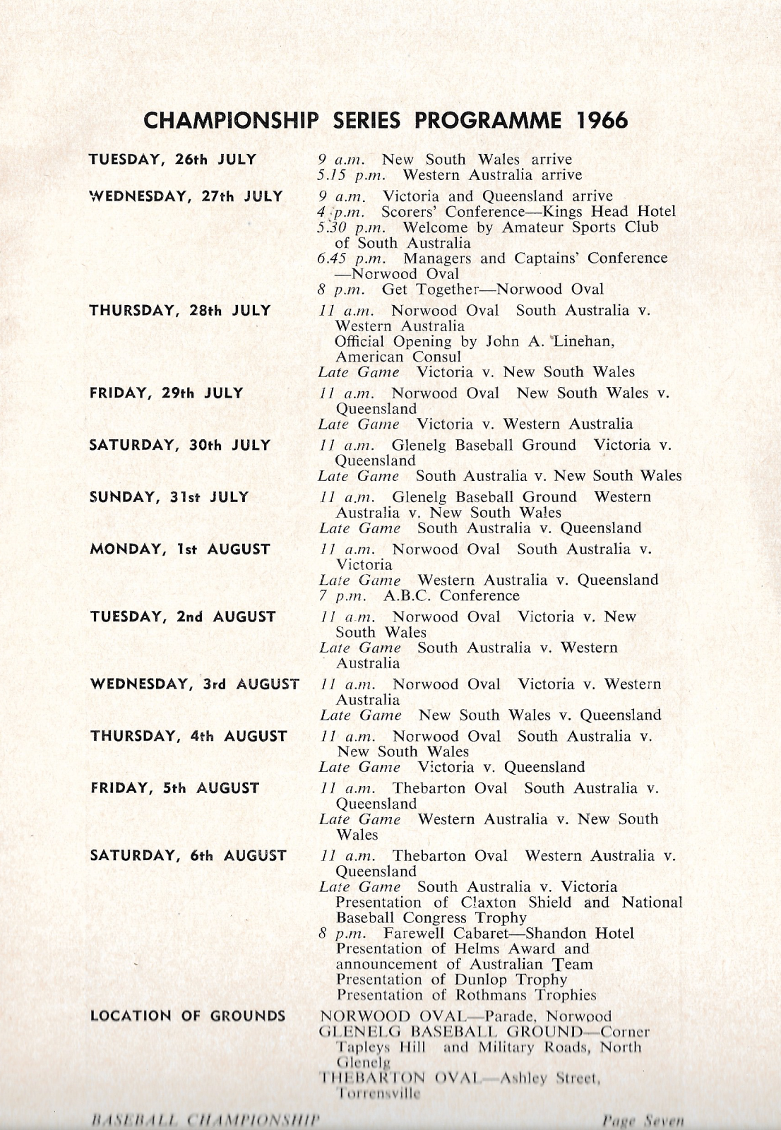 1966 Australian Baseball Championship programme (games schedule)